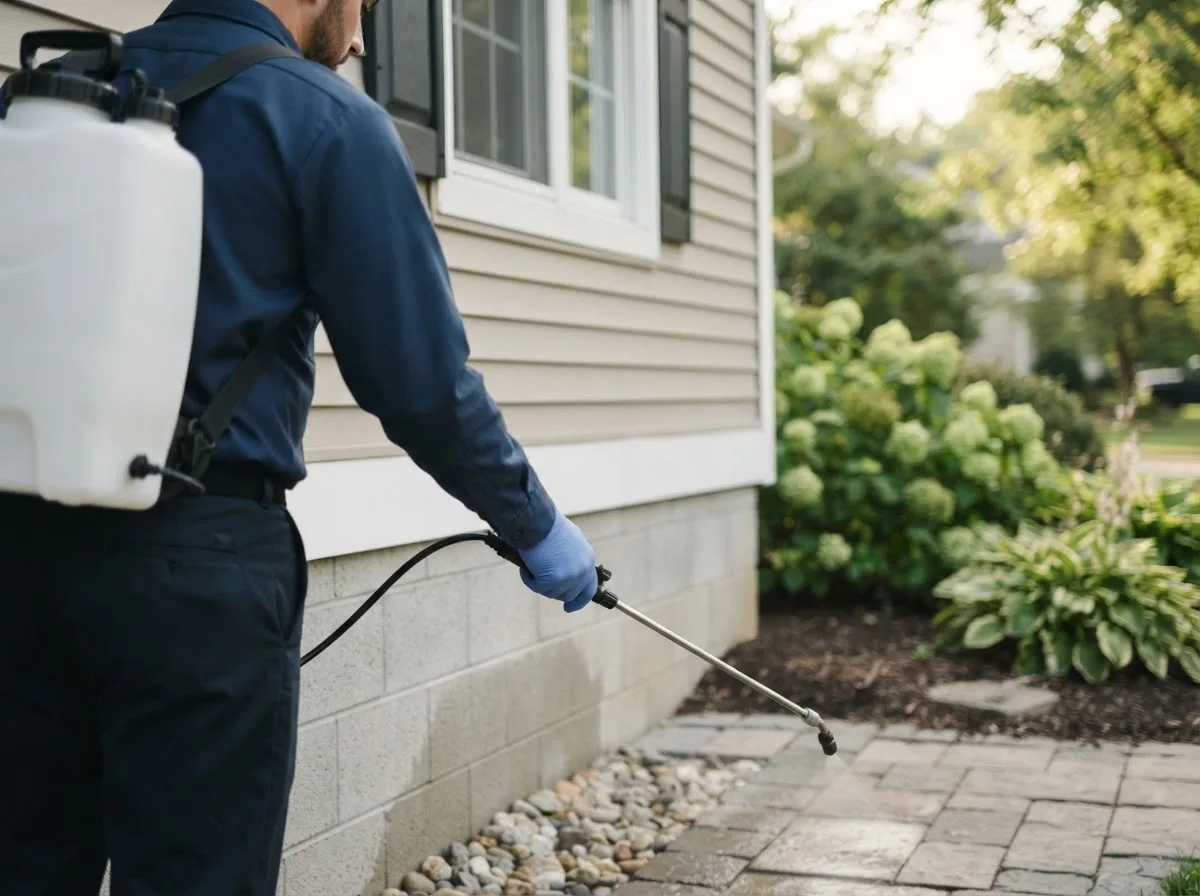 Pest control technician inspecting a home in Long Lake, NY